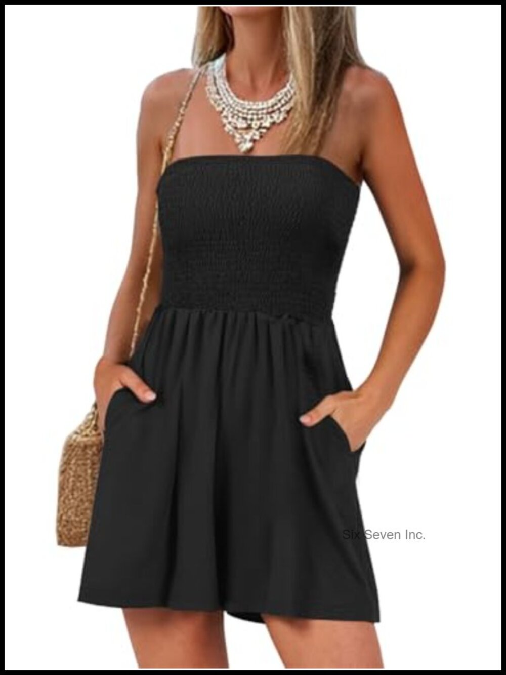 Women's Strapless Smocked Romper with Pockets Beach Vacation
